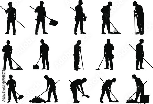 Silhouette construction workers, men using shovel and rake, digging ground, carrying tools, heavy labor, road work, industrial job, vector black worker silhouettes illustration