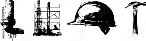 Industrial grunge black and white set with hard hat and hammer design