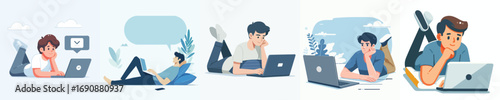 vector of a man lying down relaxing facing a laptop