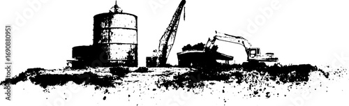 Industrial landscape silhouette: grunge black and white rusted structures for urban design