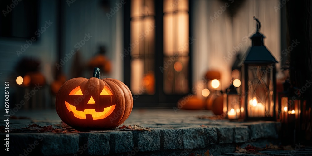 Fototapeta premium Cheerful Halloween Pumpkin with Glowing Face on Porch at Night Near Lanterns and Fall Decorations