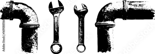 Industrial tools and rusty pipe connectors grunge black and white design for urban art and posters