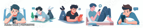vector of a man lying down relaxing facing a cellphone screen