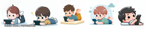 vector of a little boy lying down relaxing facing a cellphone screen