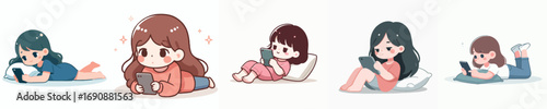 vector of a little girl lying down relaxing facing a cellphone screen