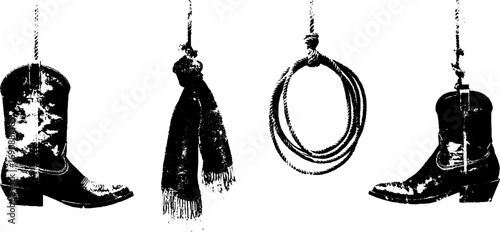 Grunge black and white illustration of western saloon elements for vintage design
