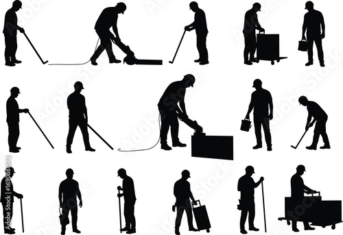 Silhouette construction workers, industrial labor men, pushing cart, carrying box, using tools, repair job, heavy work, building site, vector black silhouettes illustration