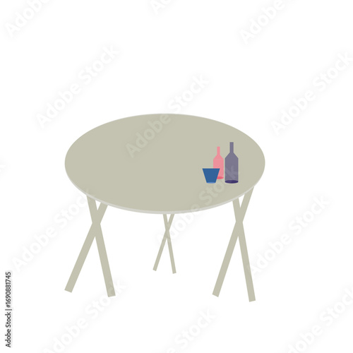 Wooden circle table with wine bottles. Vector illustration 