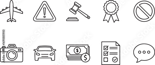 Collection of Outline Icons Representing Travel Law Money Photography and Communication