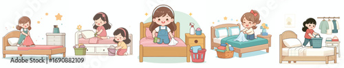 vector of a little girl cleaning the bed