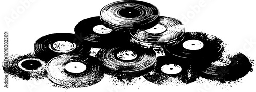 Grunge black and white vinyl records stack for music and vintage designs