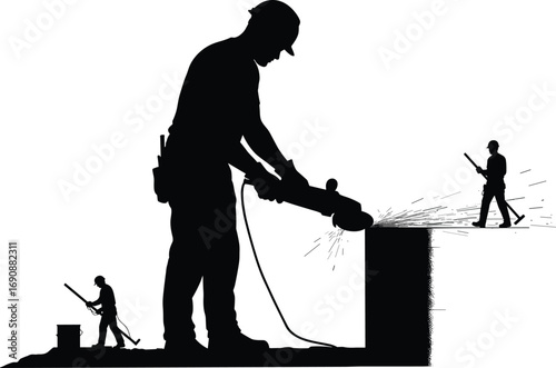 Construction worker silhouettes cutting metal with grinder tool sparks, labor man grinding silhouette set, black construction workers using tools illustration