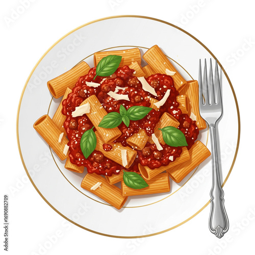 Delicious Rigatoni Pasta with Bolognese Sauce, Parmesan Cheese, and Fresh Basil on a White Plate with Fork.