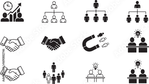 Business and Teamwork Icons in Black and White Style Keywords: business chart, growth chart, people icon