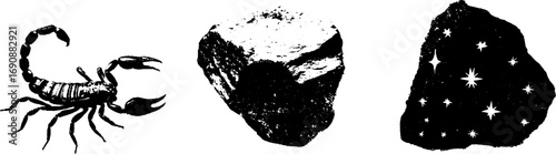 Grunge black and white scorpion and rock illustration set for urban designs