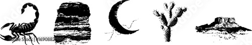 Grunge black and white set featuring scorpion, rock, crescent moon, tree, desert landscape