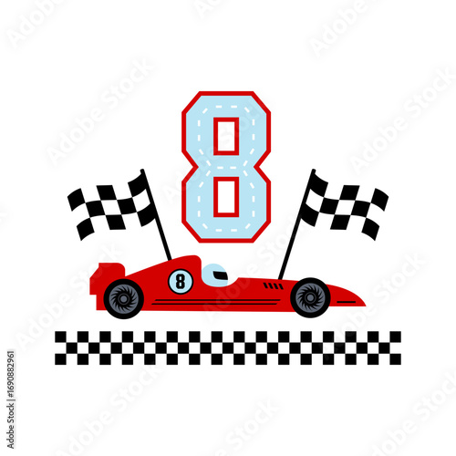 8th birthday design logo, emblem for party, invitation, decor, T-shirt, room poster. Race car theme boy birthday. Red racing car, number 8 and checkered finish flags. Vector illustration.
