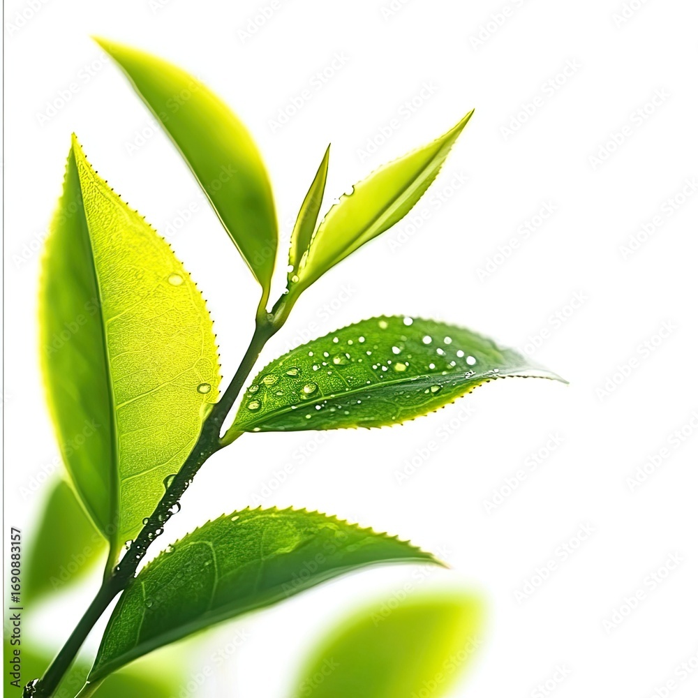 Fototapeta premium Fresh tea leaves with dew drops on a bright background, symbolizing nature and health