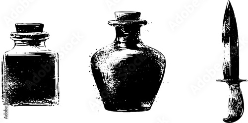 Grunge black and white set of bottles and dagger for vintage design