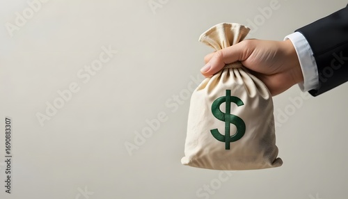 Hand Holding Money Bag with Dollar Symbol on a Neutral Background