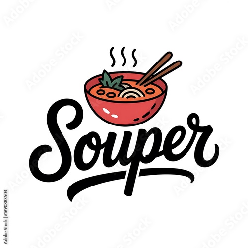 Whimsical and Delicious Souper Logo Design Featuring a Bowl of Steaming Noodles and Playful Typography for a Restaurant
