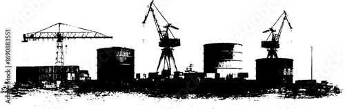 Urban shipyard silhouette with cranes and storage tanks for industrial design and decor