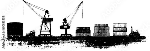 Industrial shipyard scene in grunge black and white silhouette - urban port design for poster or decor