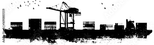 Grunge black and white shipping yard silhouette with ship and crane for urban design
