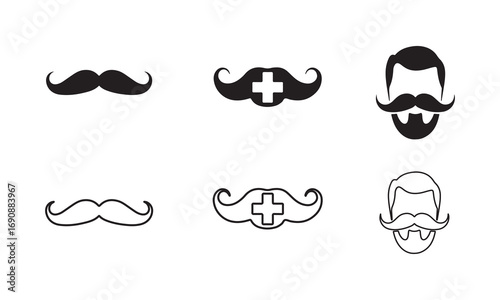 Movember Mustache Icon Set – Beard, Health Awareness, Men’s Grooming Vector
