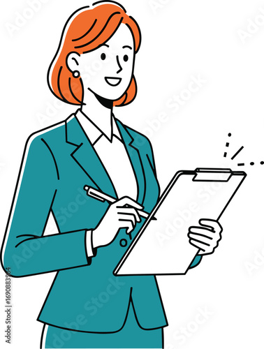 Red‑haired cartoon businessperson with clipboard, writing notes, vector illustration, professional, documentation, evaluation, office, task, checklist, corporate, workplace