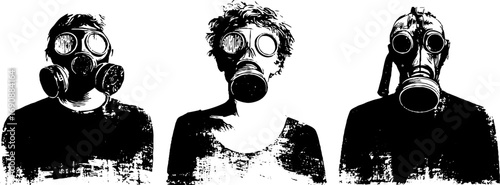 Grunge black and white silhouettes of people wearing gas masks for urban art concepts