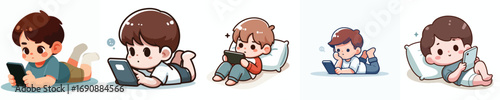 vector of a little boy lying down relaxing facing a cellphone screen
