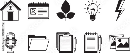 Set of ten black and white icons representing various concepts and objects house icon
