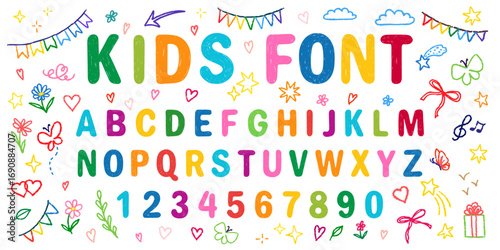 Crayon kids font, doodle funny playful alphabet. Hand drawn scribble kid typescript numbers. School wax crayon abc cute kindergarten handwriting playful letters. Colorful English alphabet and numbers