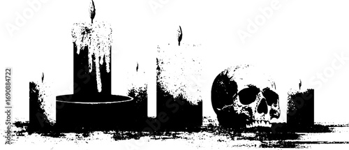 Gothic grunge black and white composition with candles and skull for spooky decor and design
