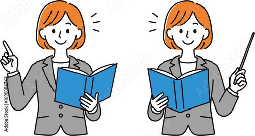 Teacher character with book, pointing gesture, cartoon illustration, flat design, vector art, education concept, presentation, instruction, learning, explanation, guidance