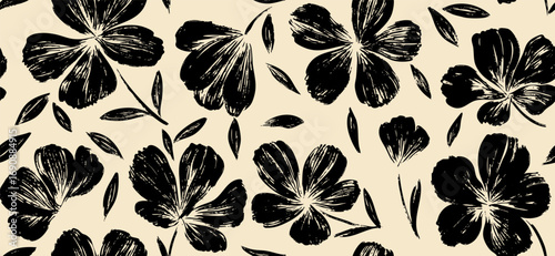 Leaves branch and Hand Drawn doodle Scribble floral plants banner. seamless pattern. Creative minimalist Abstract art background. Design wall decoration, postcard, poster or brochure