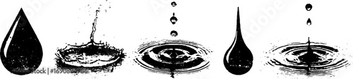 Grunge black and white water drop illustration set for urban design and art