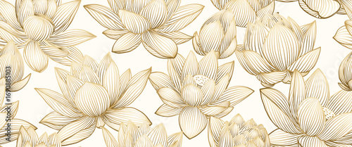 Chinese seamless pattern with lotuses. Gold line drawing of lotus flowers and leaves on a light background. Hand drawn botanical elegant golden waterlily flower in line art style