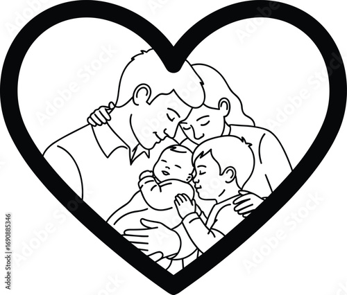 family love, heart shape, parents with children, emotional bonding, black line art, vector illustration, unity concept, white background, affectionate embrace,