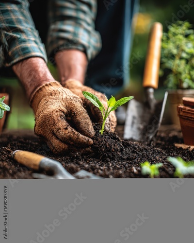 Hands of a Gardener Planting Seedling in Rich Soil with Gardening Tools in Nature's Tranquil Setting