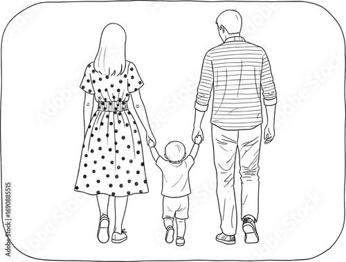 family walking, rear view, parents with child, line drawing, vector illustration, black and white, unity symbol, togetherness concept, framed composition,