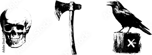 Vintage grunge black and white skull, axe, and raven illustration set for design