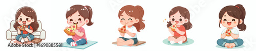 vector of a cute little girl eating pizza