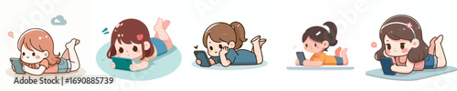 vector of a little girl lying down relaxing facing a cellphone screen