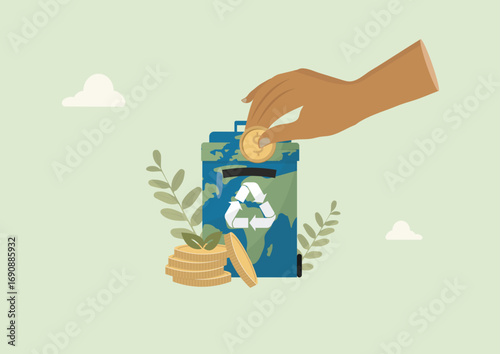 Hand Depositing Coin into Recycling Container. sustainable finance and green investment. Waste management economy. Financial impact of waste. Corporate sustainability investment. Vector illustration