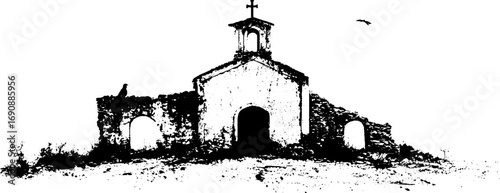 Rustic abandoned chapel silhouette in grunge black and white for urban tribal art