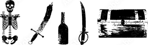 Grunge black and white pirate elements with skeleton sword and treasure chest silhouette