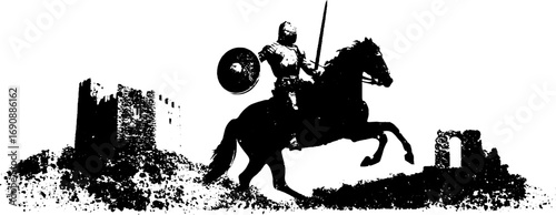 Medieval knight on horseback with castle background in grunge black and white illustration for design