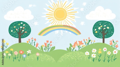 Cartoon landscape illustration with trees rainbow and sun on blue sky